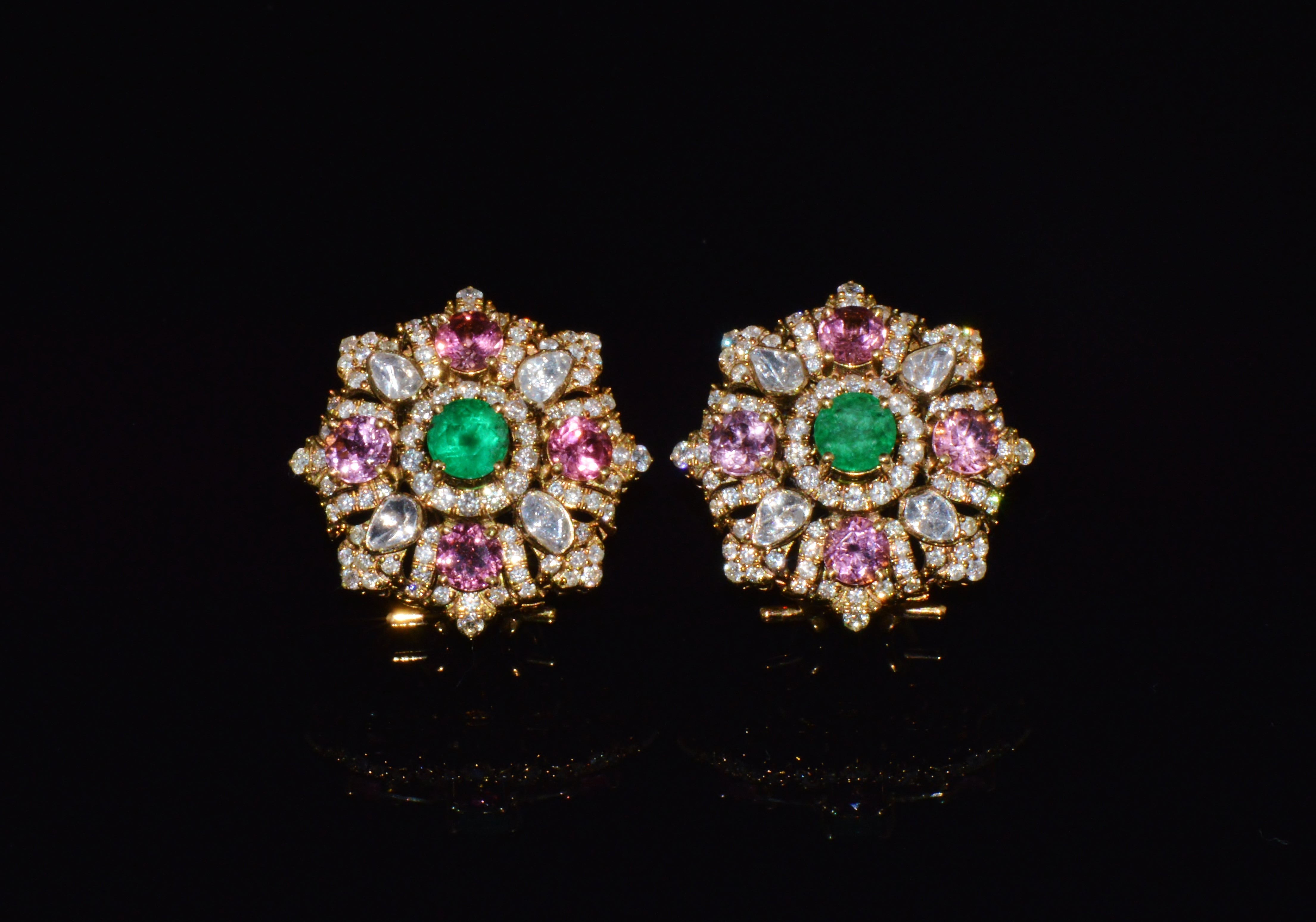 Natural 4.89CTS Diamond, Emerald & Pink Tourmaline 18K Gold Floral Earrings