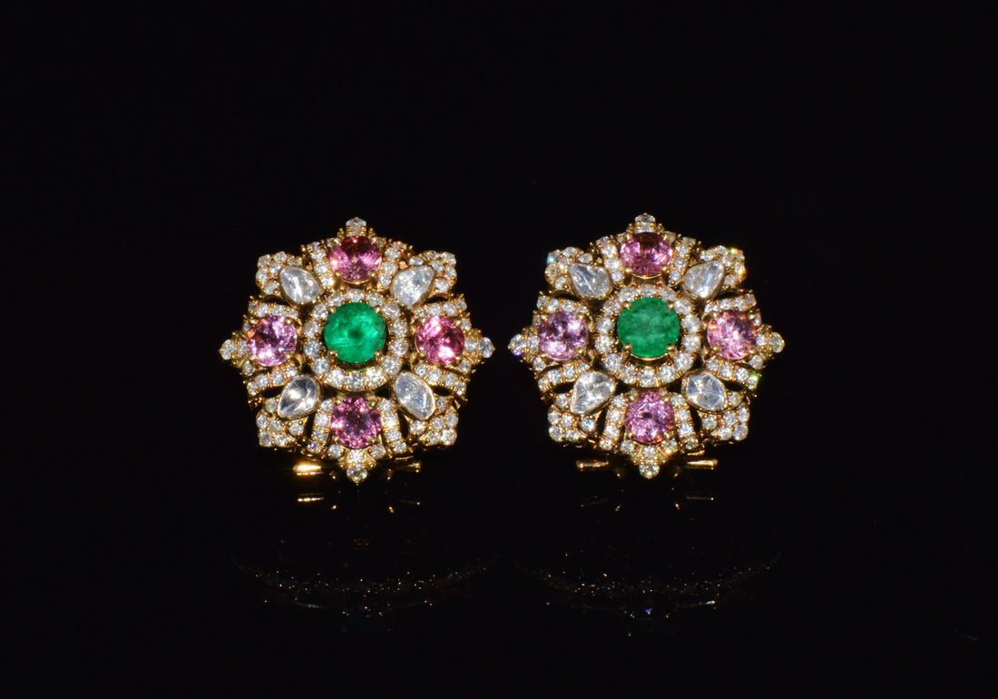 Natural 4.89CTS Diamond, Emerald & Pink Tourmaline 18K Gold Floral Earrings