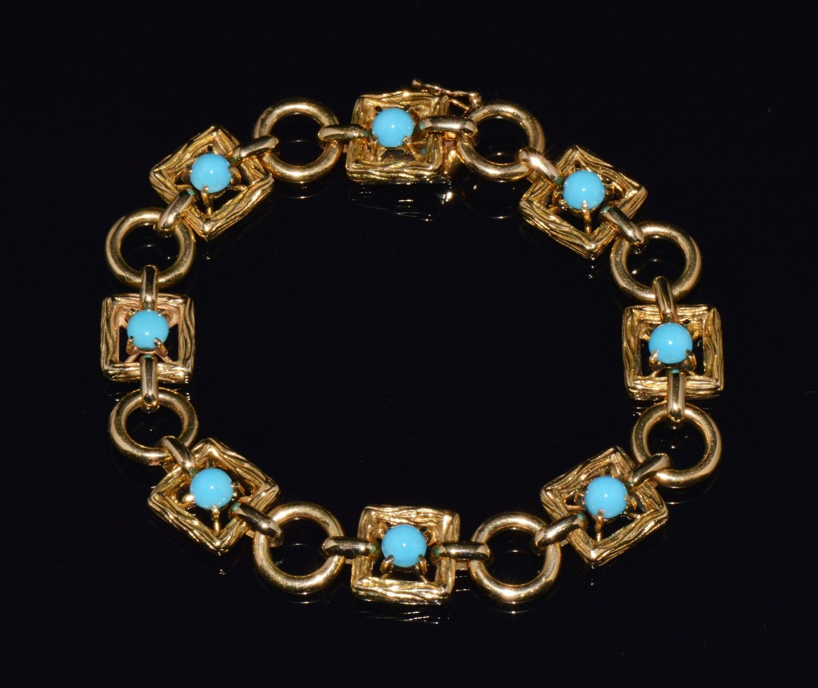 Vintage Mid-Century Solid 18K Gold & Natural Persian Turquoise Bracelet