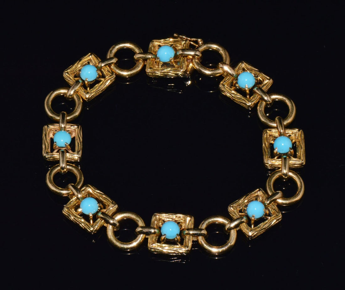 Vintage Mid-Century Solid 18K Gold & Natural Persian Turquoise Bracelet