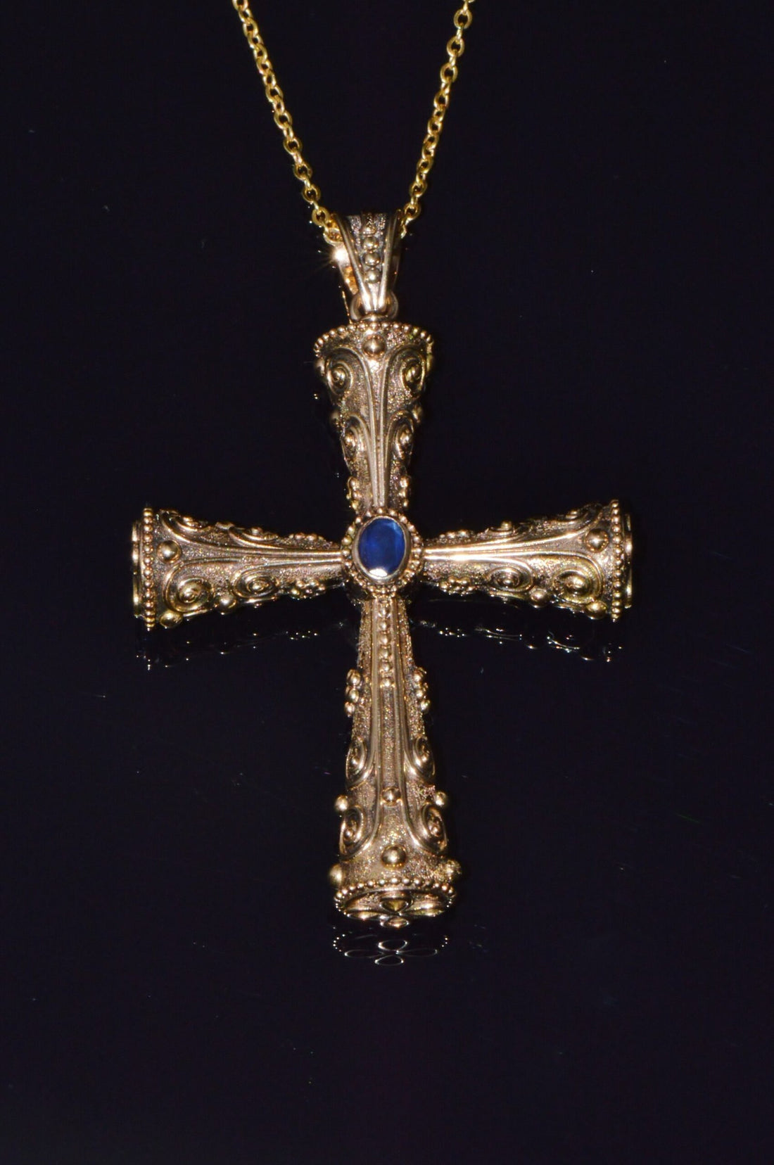 Certified Natural 0.88Cts Diamond Sapphire 18K 750 Solid Gold Filigree Cross Byzantine Greek Reversible Pendant