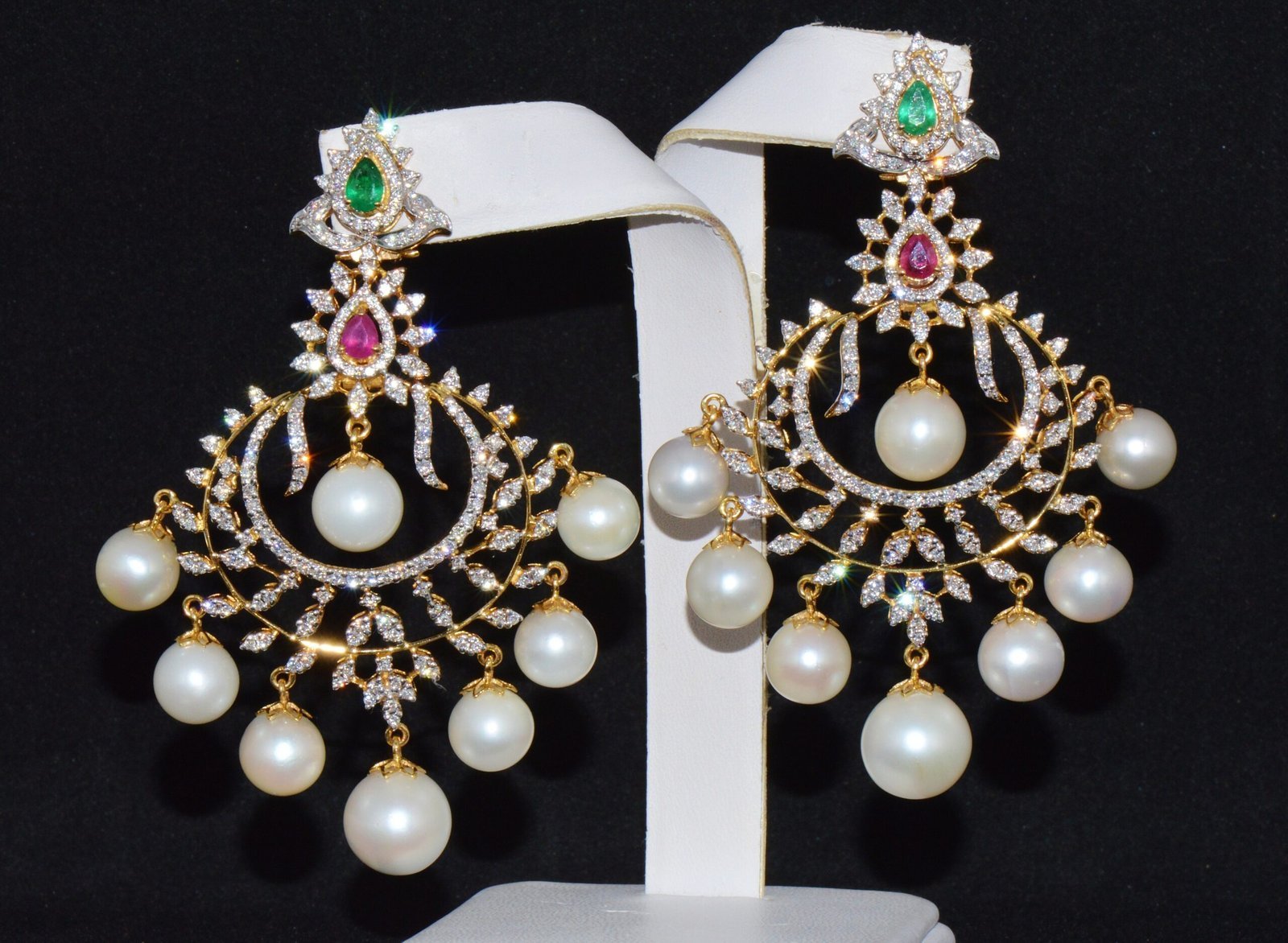 Certified Natural 116CT VS F Diamond Emerald Ruby Pearl 18K Gold 2-IN-1 Earrings