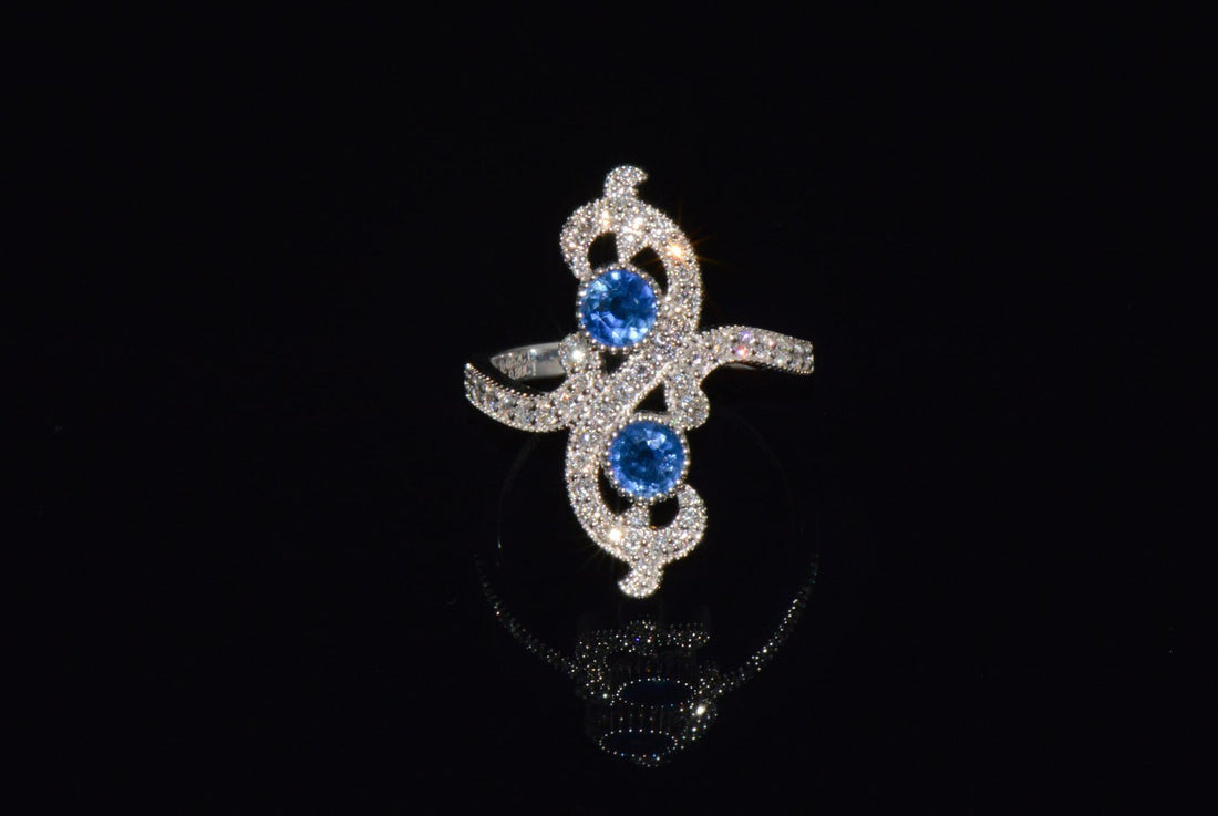 Certified Natural 1.40CTS Diamond & Sapphire 18K Solid White Gold Filigree Cocktail Ring