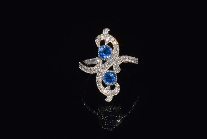 Certified Natural 1.40CTS Diamond & Sapphire 18K Solid White Gold Filigree Cocktail Ring