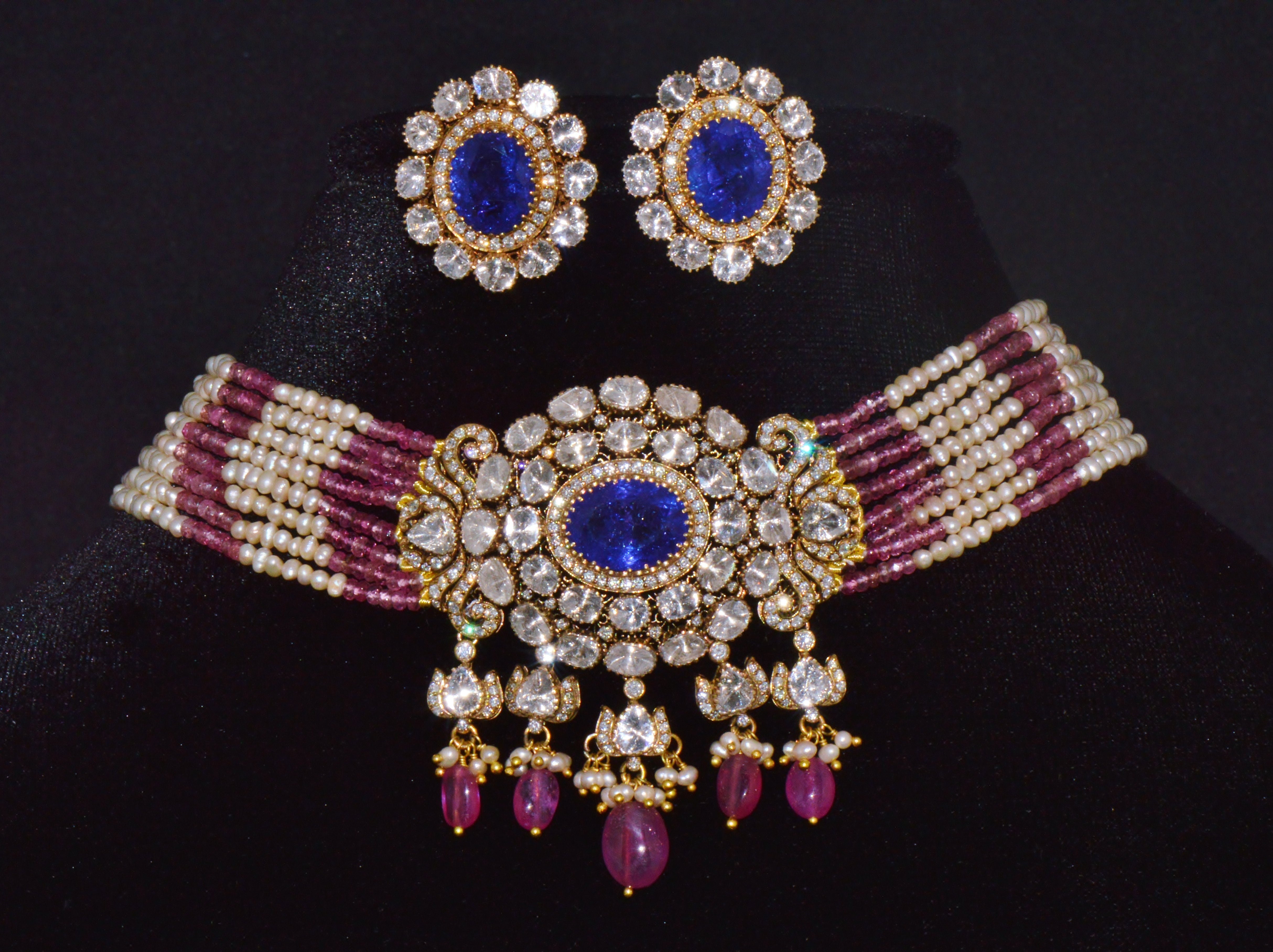 Natural 121.63Cts Tanzanite Uncut Diamond Pearl Ruby Tourmaline Solid 18K Gold Choker Necklace & Earrings Set