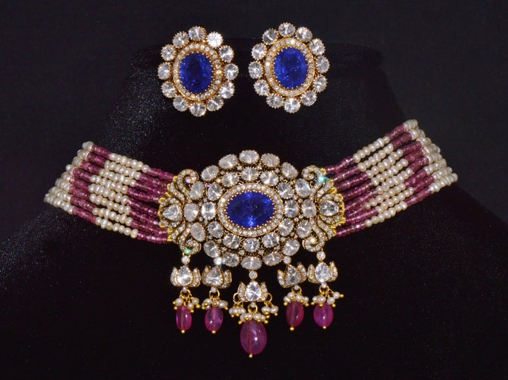 Natural 121.63Cts Tanzanite Uncut Diamond Pearl Ruby Tourmaline Solid 18K Gold Choker Necklace & Earrings Set