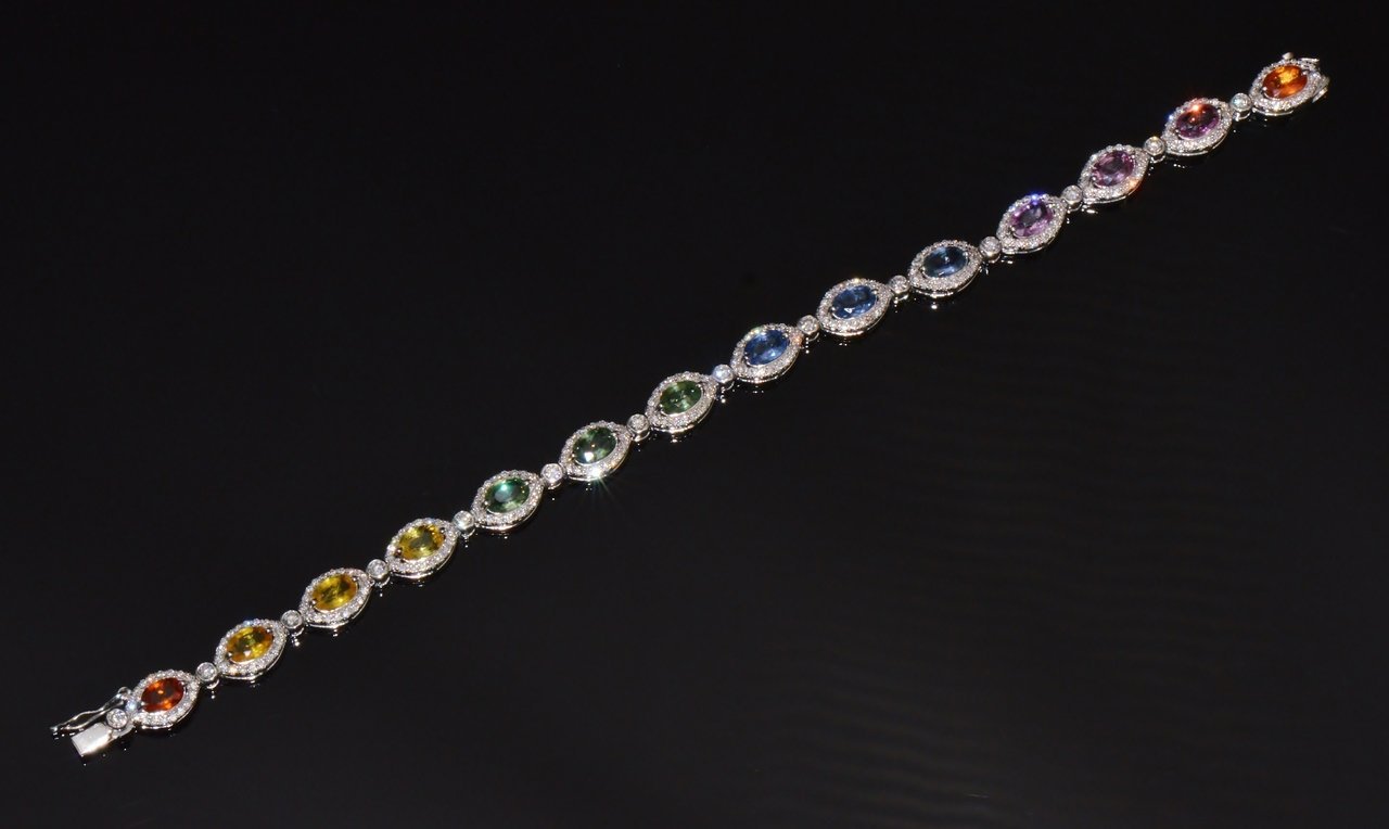 Certified Natural 11.32CTS VS F Diamond Multi-Color Sapphire 18K Solid Gold Tennis Stacking Bracelet