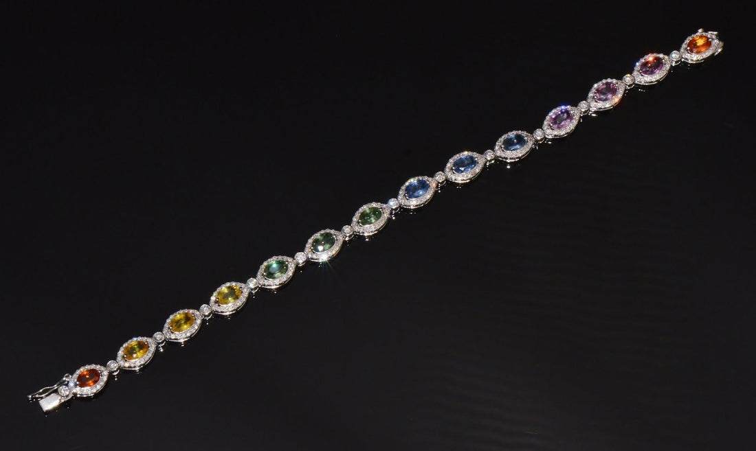Certified Natural 11.32CTS VS F Diamond Multi-Color Sapphire 18K Solid Gold Tennis Stacking Bracelet