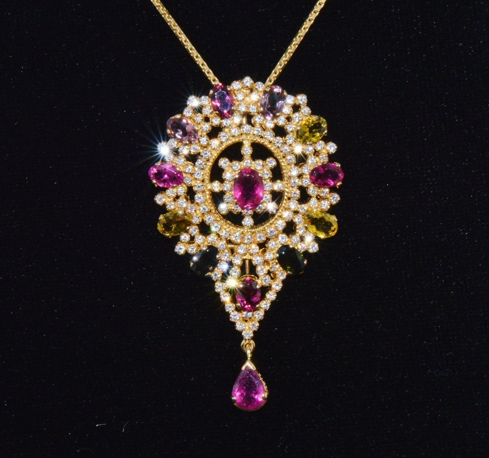Certified Natural 10.46Cts VS G Diamond Multi Tourmaline 18K Gold Pendant Brooch