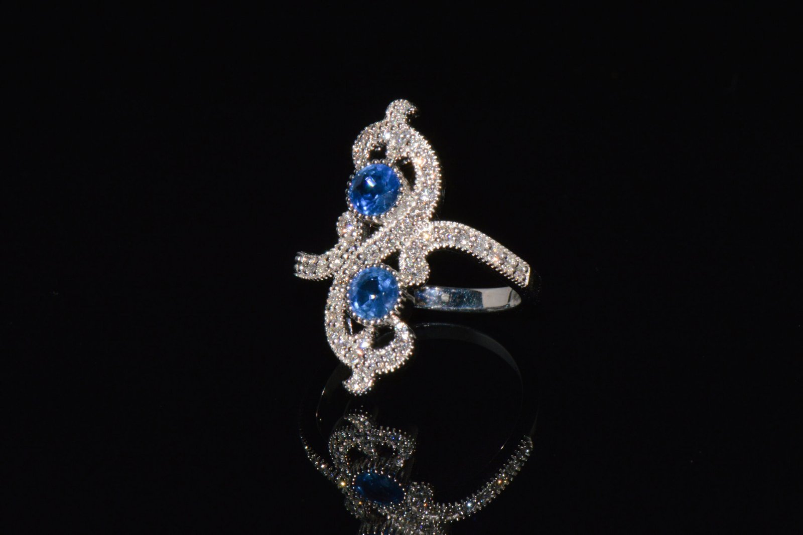 Certified Natural 1.40CTS Diamond & Sapphire 18K Solid White Gold Filigree Cocktail Ring