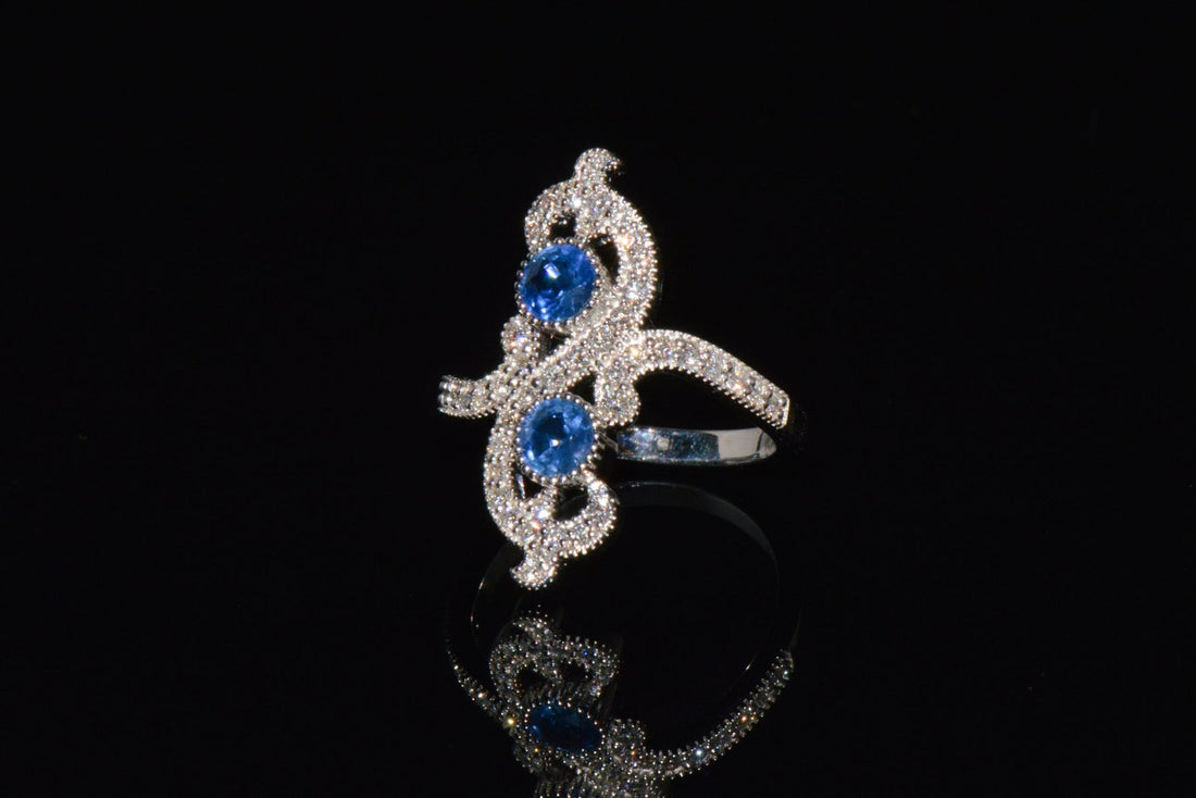 Certified Natural 1.40CTS Diamond & Sapphire 18K Solid White Gold Filigree Cocktail Ring