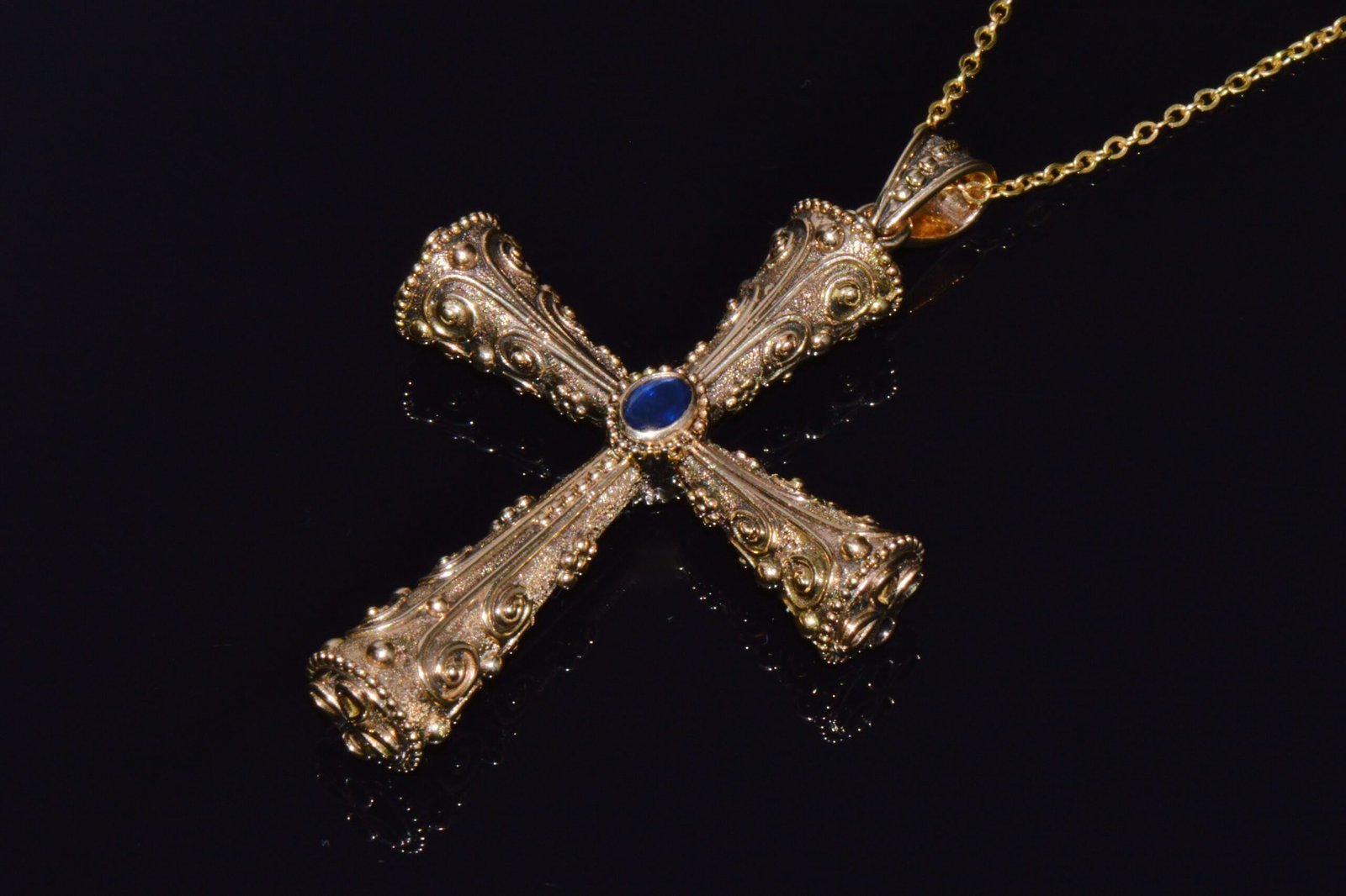 Certified Natural 0.88Cts Diamond Sapphire 18K 750 Solid Gold Filigree Cross Byzantine Greek Reversible Pendant