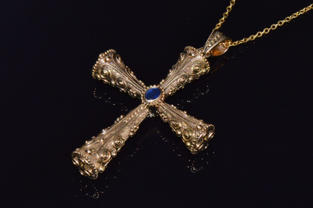 Certified Natural 0.88Cts Diamond Sapphire 18K 750 Solid Gold Filigree Cross Byzantine Greek Reversible Pendant