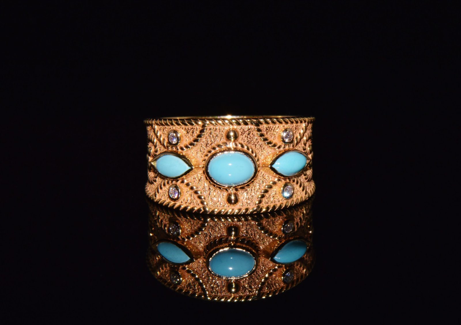 Gorgeous Natural Diamond Persian Turquoise 18K Solid Gold Byzantine Beaded Greek Ring Stacking Band