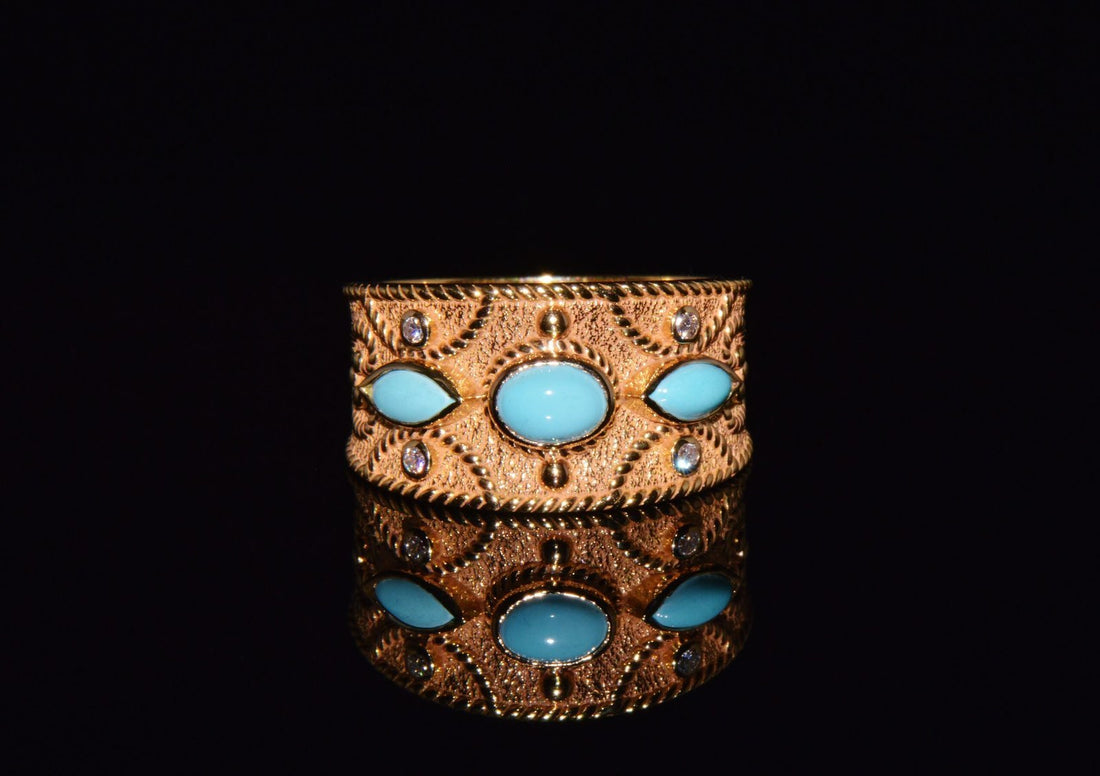 Gorgeous Natural Diamond Persian Turquoise 18K Solid Gold Byzantine Beaded Greek Ring Stacking Band