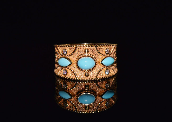 Gorgeous Natural Diamond Persian Turquoise 18K Solid Gold Byzantine Beaded Greek Ring Stacking Band