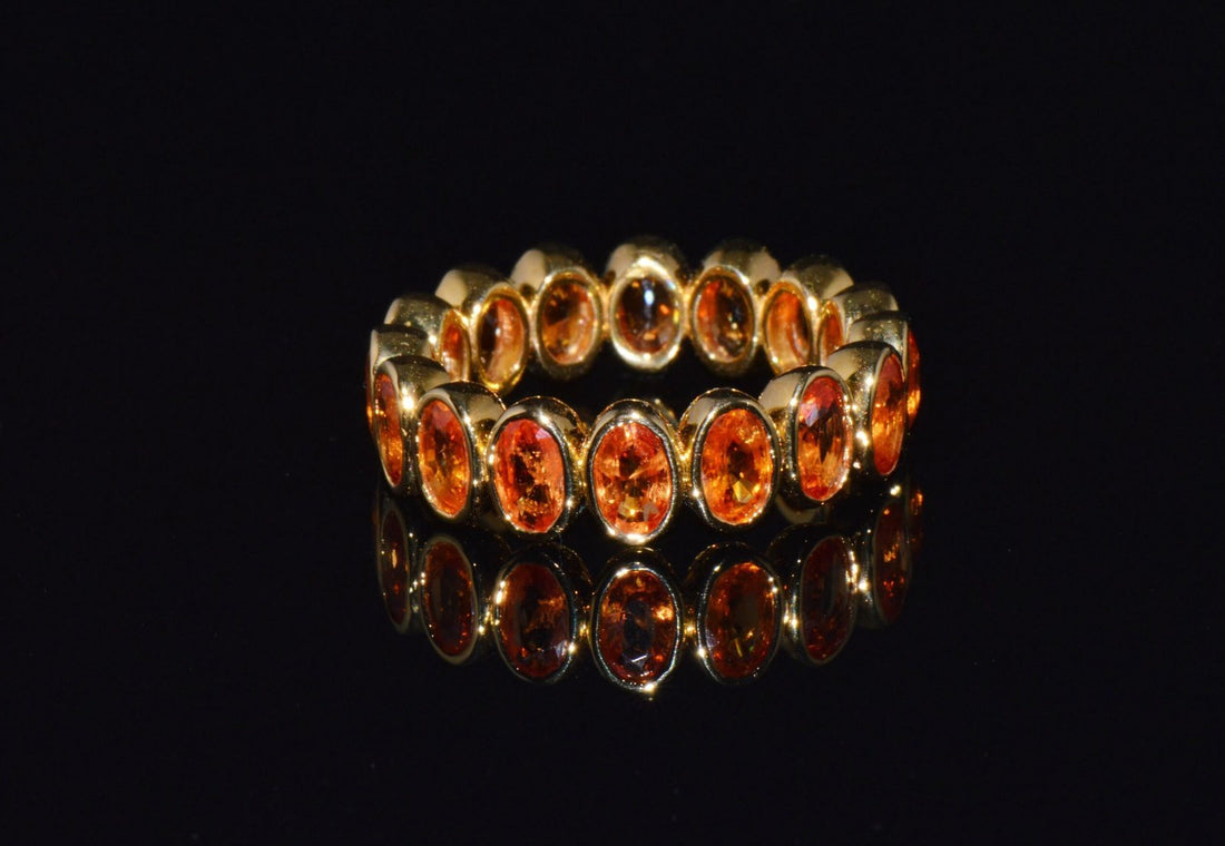 Certified Natural 5.04Cts Orange Sapphire Solid 18K Gold Eternity Band Ring Sz 6.5