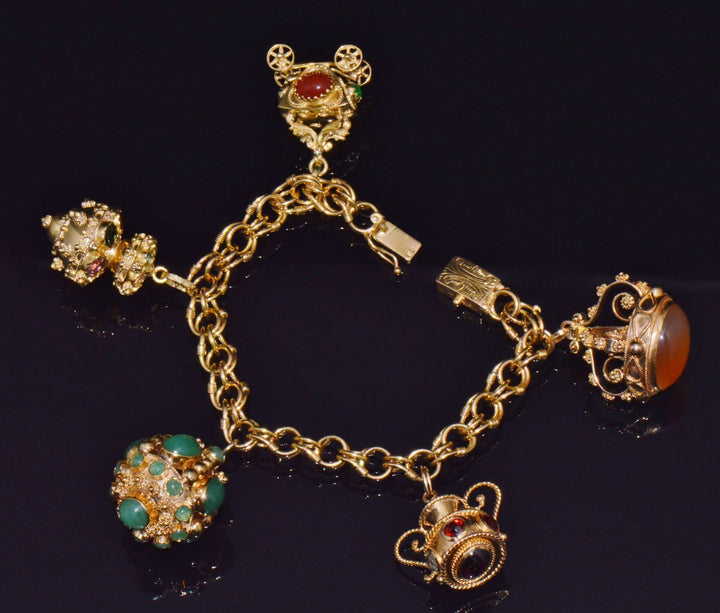 Vintage Portuguese Italian Solid 19.2K & 18K Gold Etruscan Revival Multigem Fob Charm Bracelet