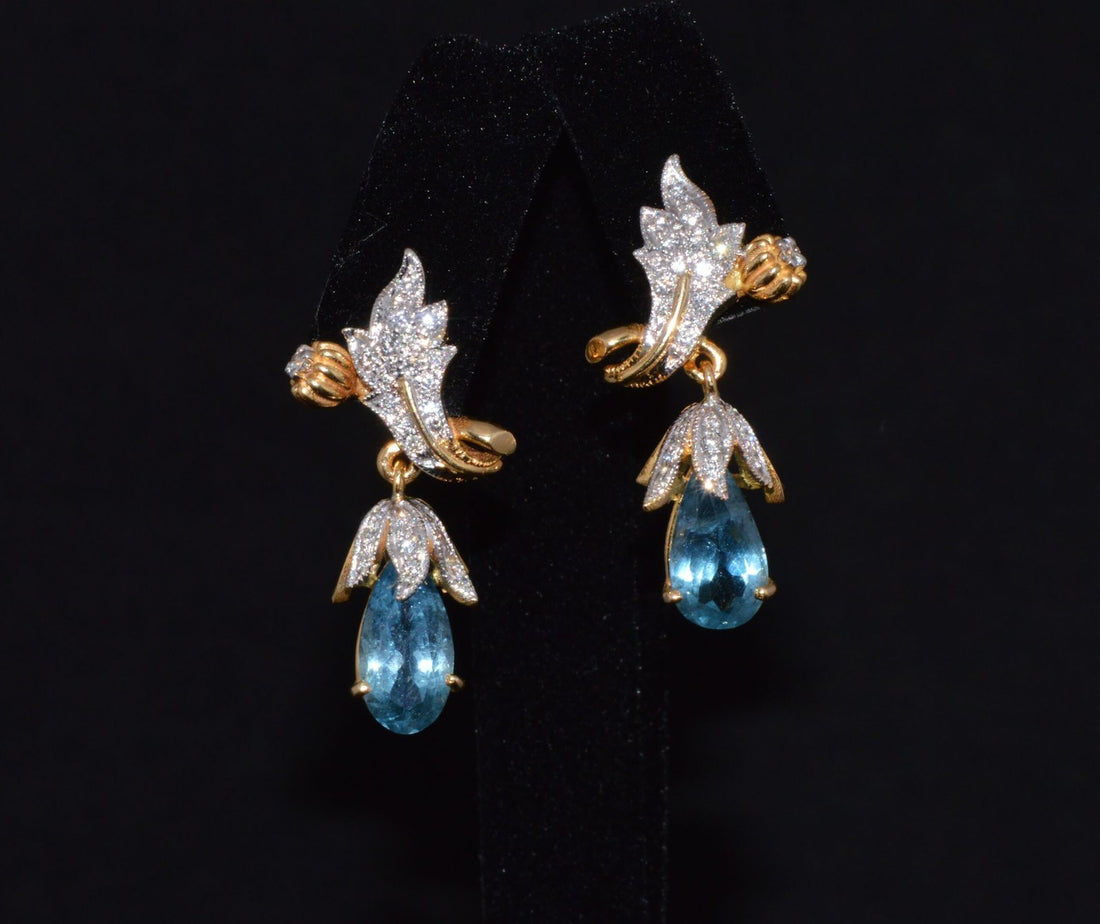 Certified Natural 5.67Cts VS F Diamond Aquamarine 18K Gold Dangle Earrings