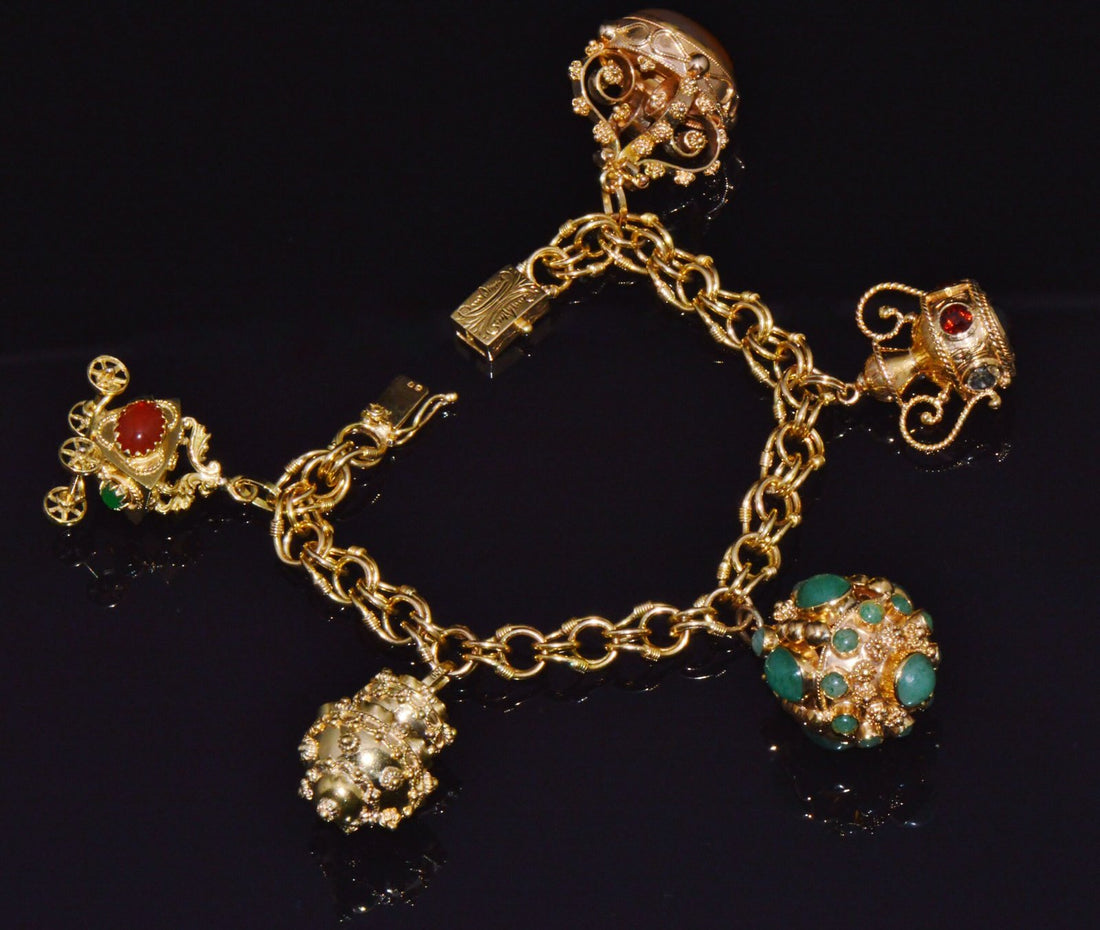 Vintage Portuguese Italian Solid 19.2K & 18K Gold Etruscan Revival Multigem Fob Charm Bracelet