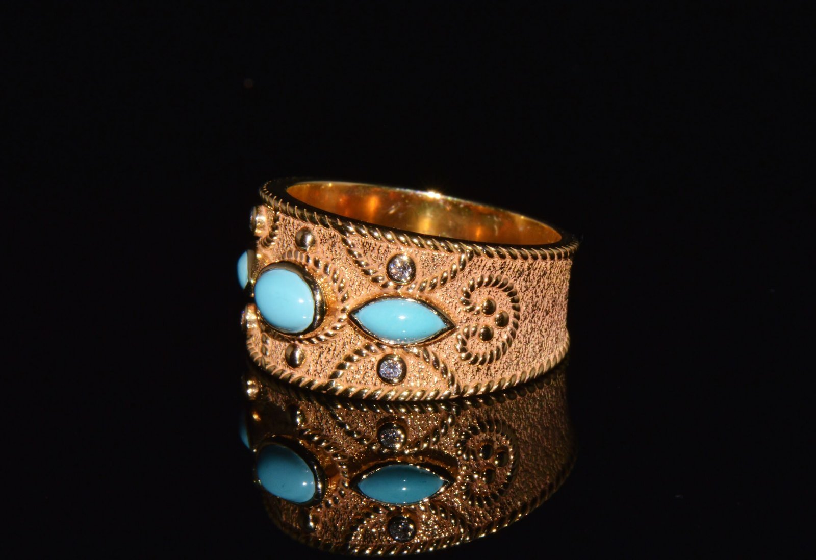 Gorgeous Natural Diamond Persian Turquoise 18K Solid Gold Byzantine Beaded Greek Ring Stacking Band