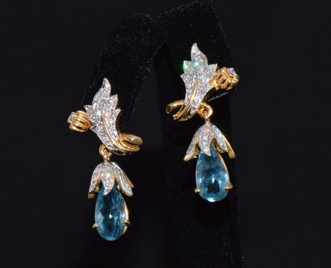 Certified Natural 5.67Cts VS F Diamond Aquamarine 18K Gold Dangle Earrings