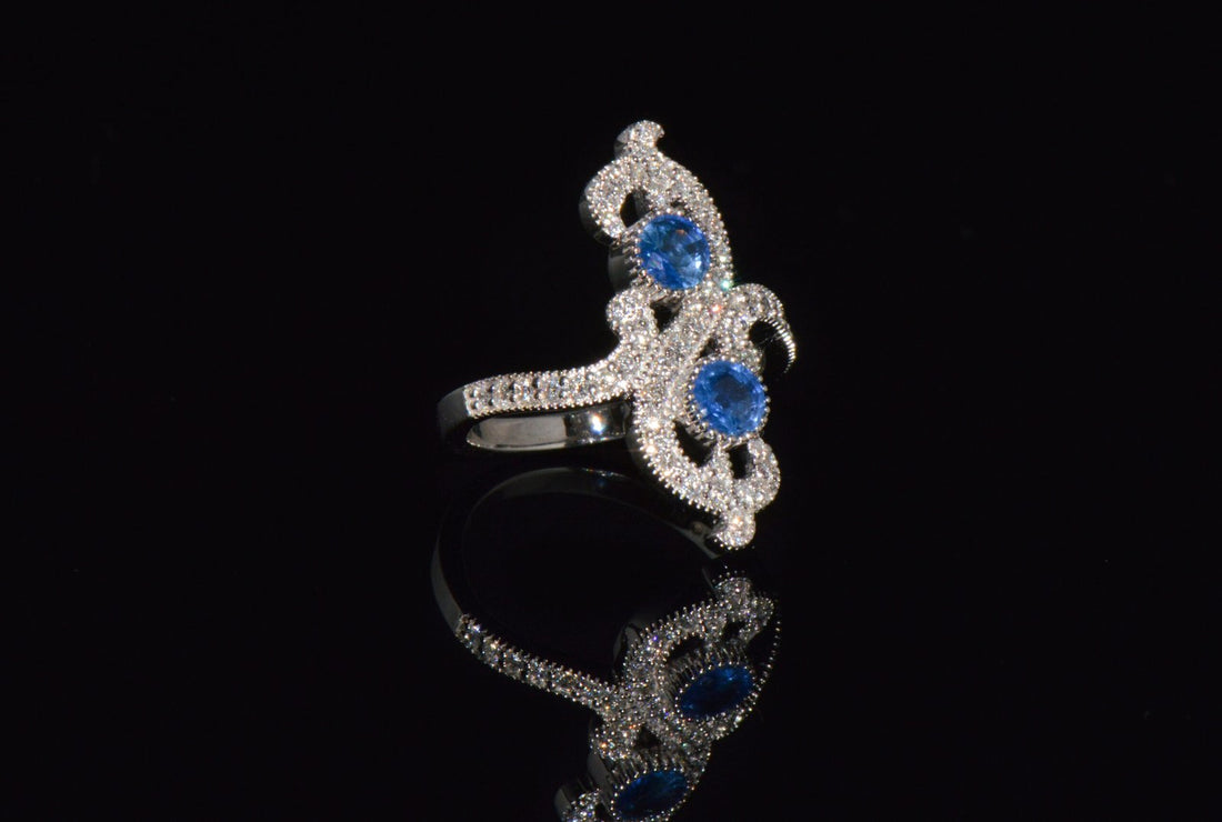 Certified Natural 1.40CTS Diamond & Sapphire 18K Solid White Gold Filigree Cocktail Ring