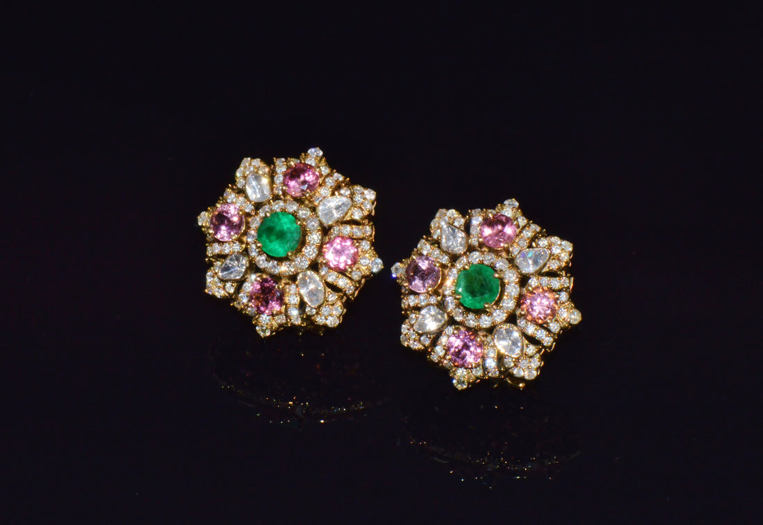 Natural 4.89CTS Diamond, Emerald & Pink Tourmaline 18K Gold Floral Earrings