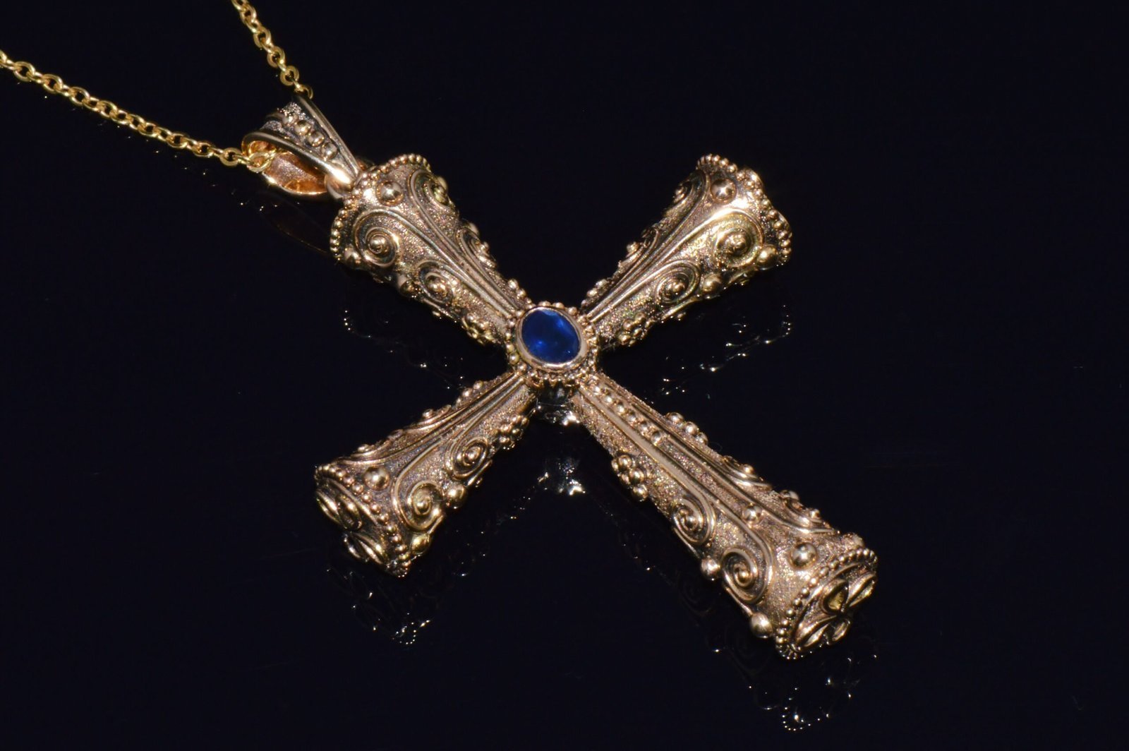 Certified Natural 0.88Cts Diamond Sapphire 18K 750 Solid Gold Filigree Cross Byzantine Greek Reversible Pendant