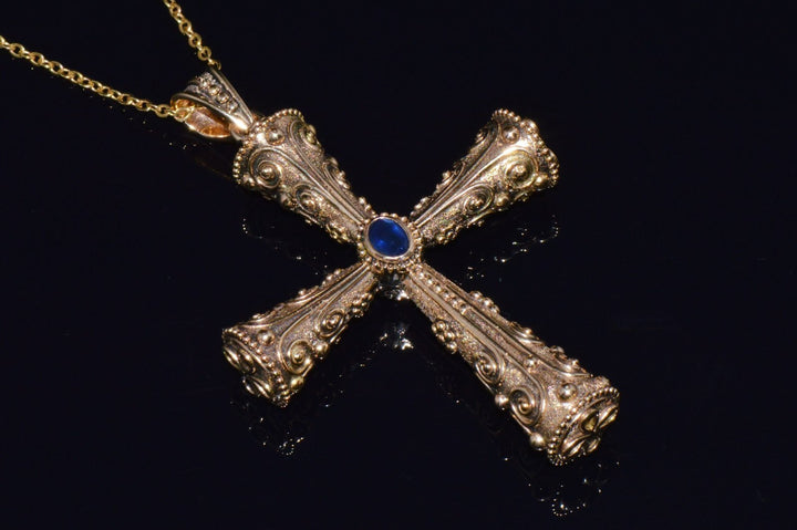Certified Natural 0.88Cts Diamond Sapphire 18K 750 Solid Gold Filigree Cross Byzantine Greek Reversible Pendant