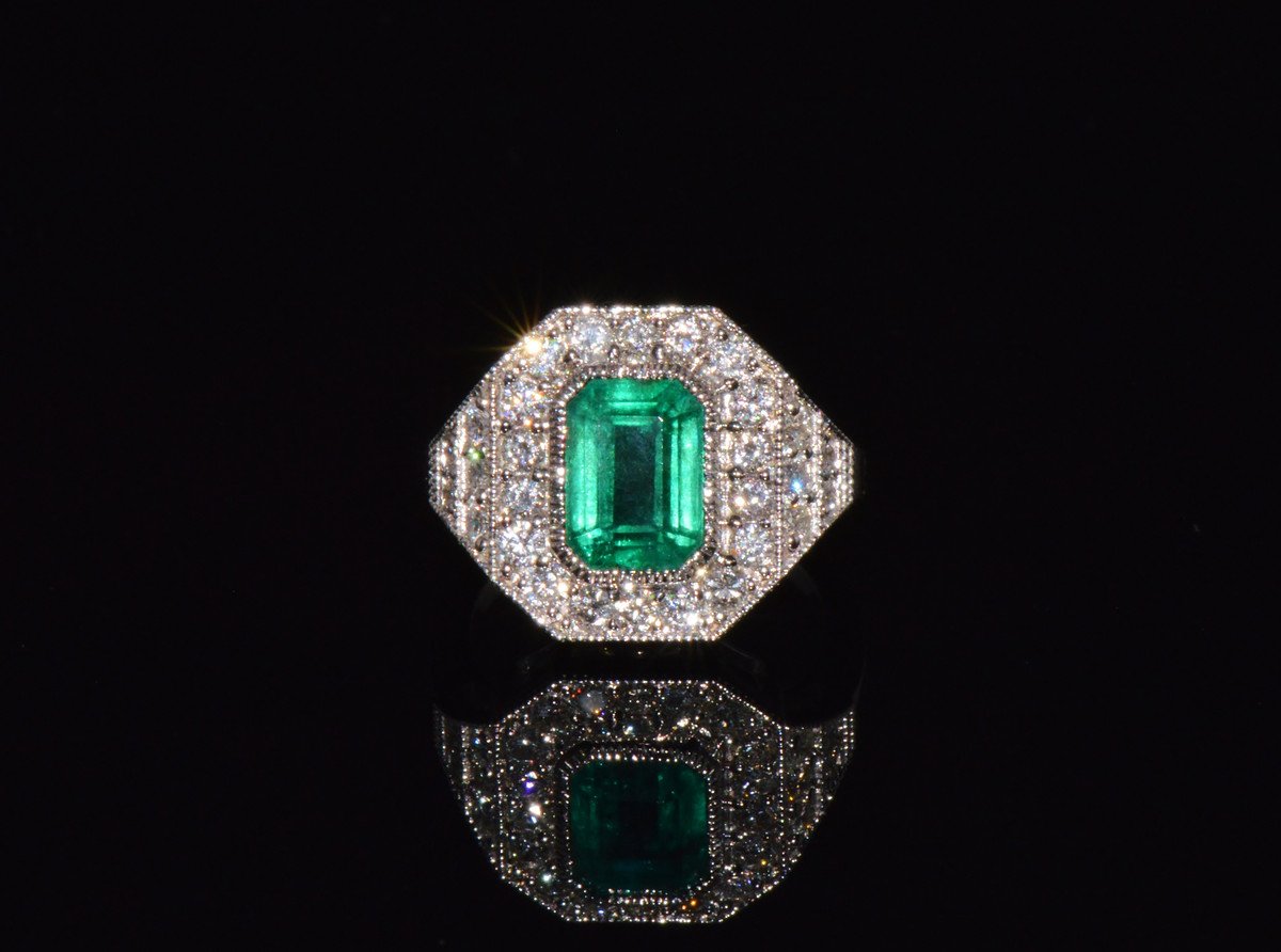 GIA Certified 3.98CT Natural Zambian Emerald & Diamond Tiered Halo Milgrain 18K White Gold Ring