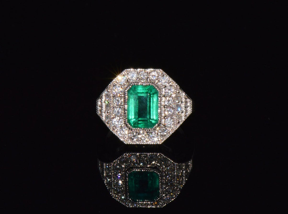 GIA Certified 3.98CT Natural Zambian Emerald & Diamond Tiered Halo Milgrain 18K White Gold Ring