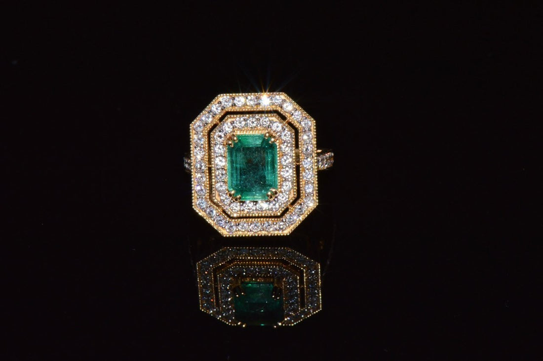 Certified Natural 3.4CTS VS F Diamond Emerald 18K Solid Gold Cocktail Milgrain Ring
