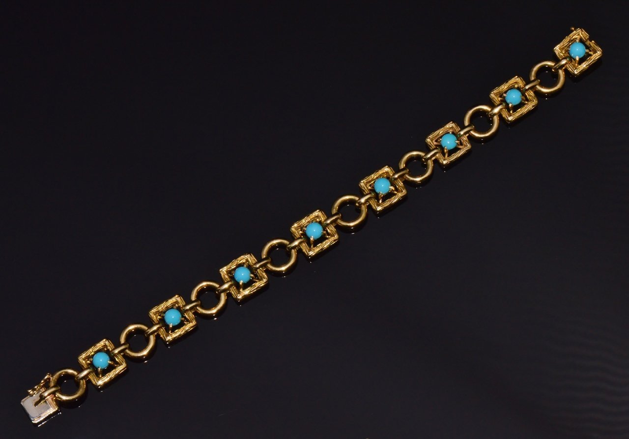 Vintage Mid-Century Solid 18K Gold & Natural Persian Turquoise Bracelet