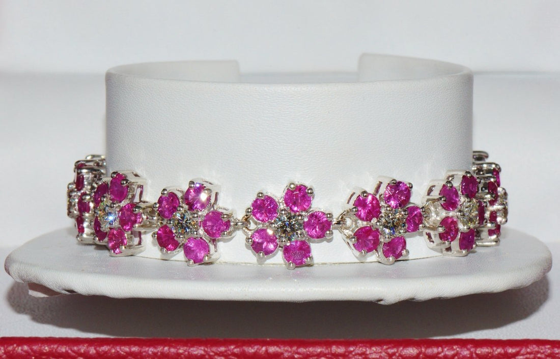 Certified Natural 18.6Ct VS F Diamond Ruby 18K Solid Gold Floral Tennis Bracelet