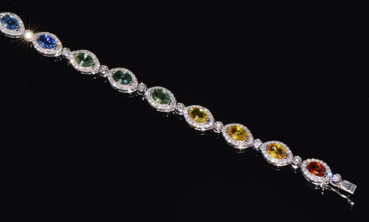 Certified Natural 11.32CTS VS F Diamond Multi-Color Sapphire 18K Solid Gold Tennis Stacking Bracelet