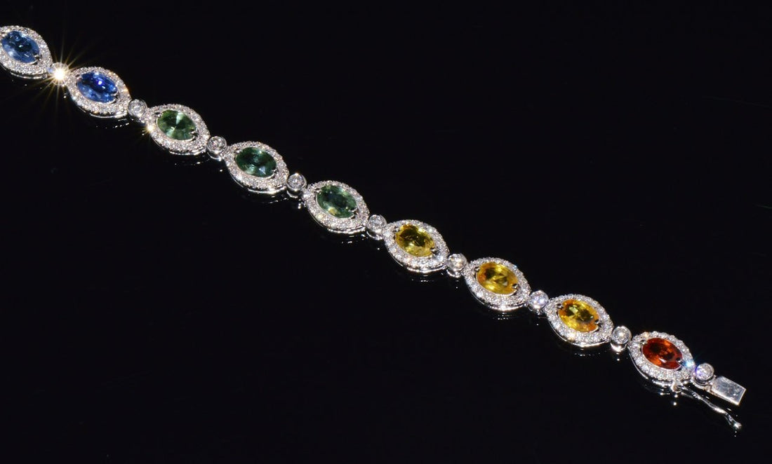 Certified Natural 11.32CTS VS F Diamond Multi-Color Sapphire 18K Solid Gold Tennis Stacking Bracelet