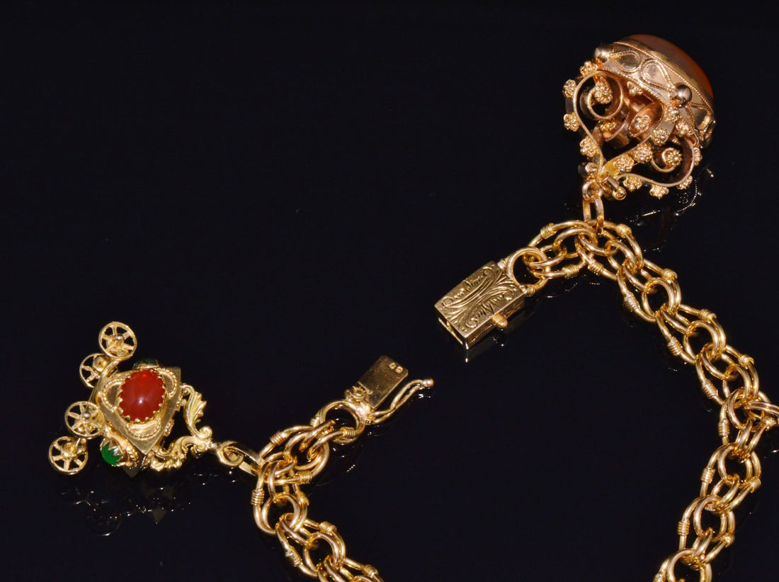 Vintage Portuguese Italian Solid 19.2K & 18K Gold Etruscan Revival Multigem Fob Charm Bracelet
