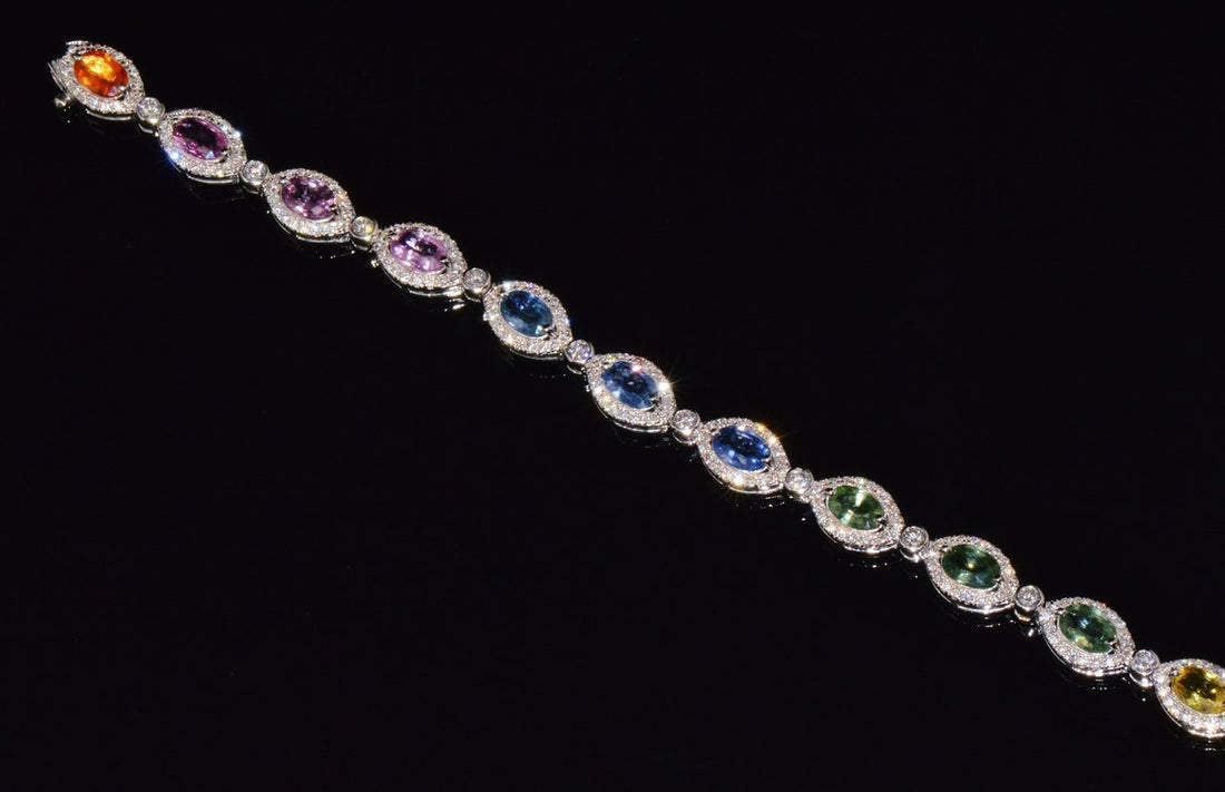 Certified Natural 11.32CTS VS F Diamond Multi-Color Sapphire 18K Solid Gold Tennis Stacking Bracelet