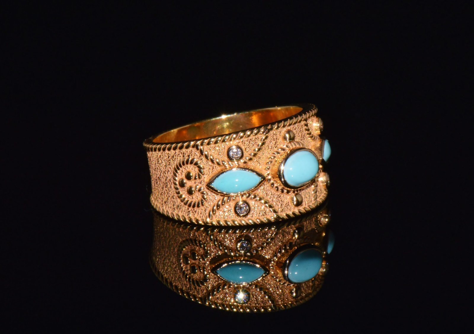 Gorgeous Natural Diamond Persian Turquoise 18K Solid Gold Byzantine Beaded Greek Ring Stacking Band