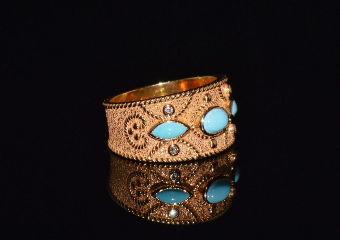 Gorgeous Natural Diamond Persian Turquoise 18K Solid Gold Byzantine Beaded Greek Ring Stacking Band
