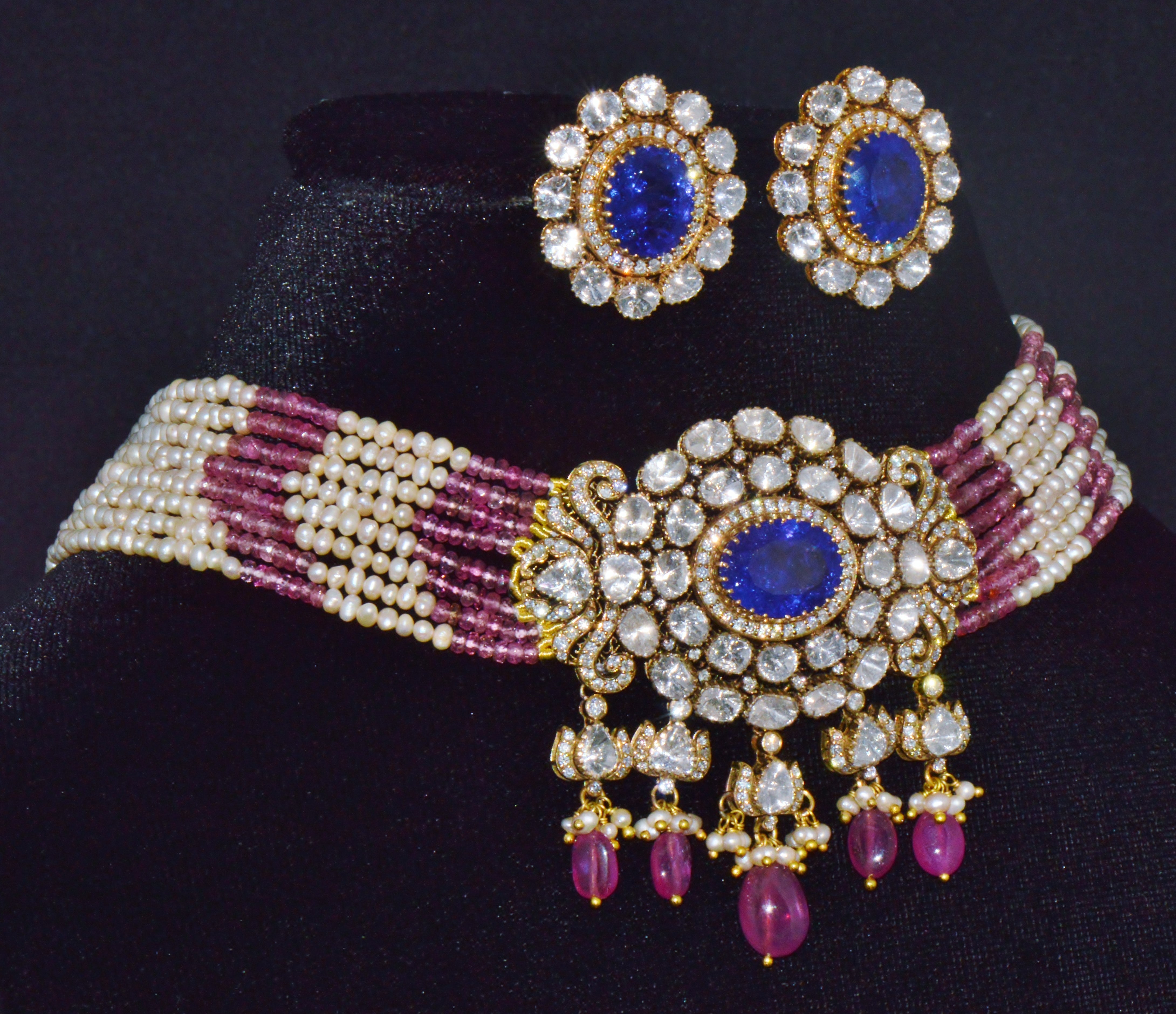 Natural 121.63Cts Tanzanite Uncut Diamond Pearl Ruby Tourmaline Solid 18K Gold Choker Necklace & Earrings Set