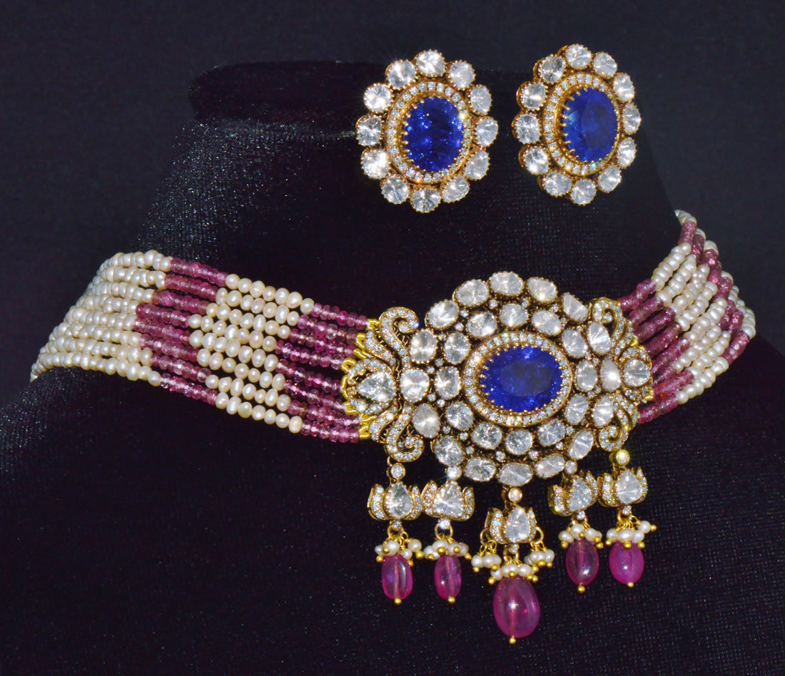 Natural 121.63Cts Tanzanite Uncut Diamond Pearl Ruby Tourmaline Solid 18K Gold Choker Necklace & Earrings Set