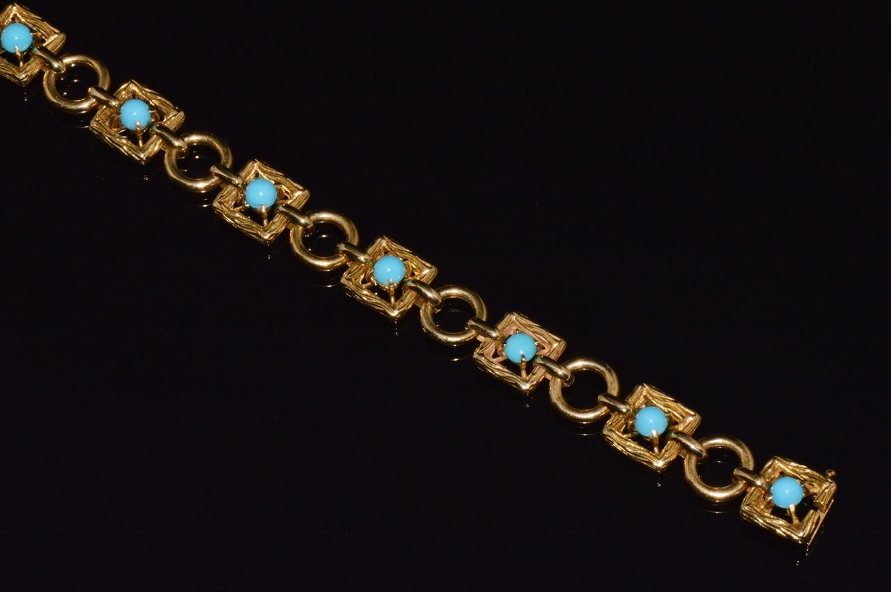 Vintage Mid-Century Solid 18K Gold & Natural Persian Turquoise Bracelet