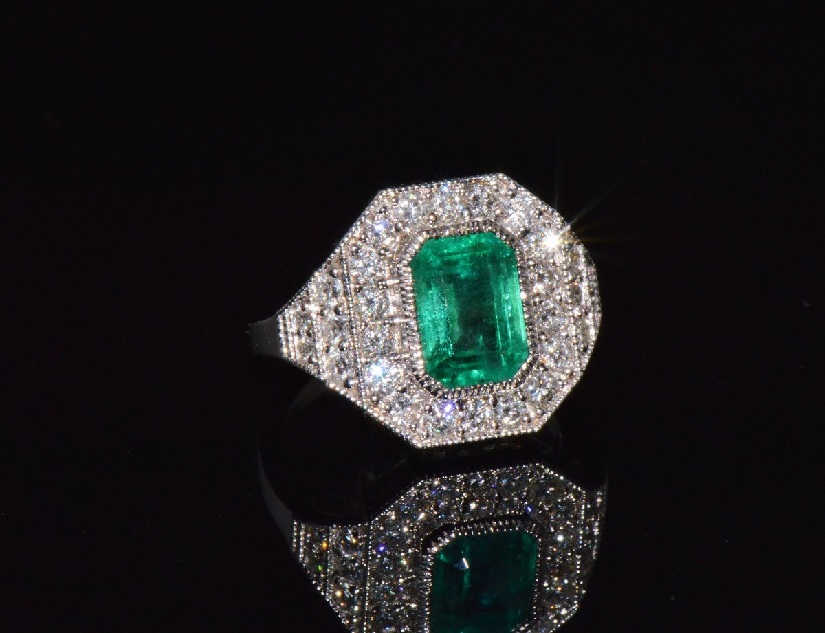 GIA Certified 3.98CT Natural Zambian Emerald & Diamond Tiered Halo Milgrain 18K White Gold Ring