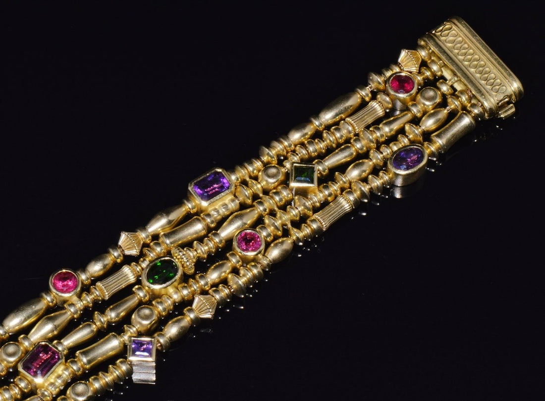 Designer Seidengang Natural Tourmaline Amethst Garnet 18K Solid Gold Multi-Strand Beaded Bracelet