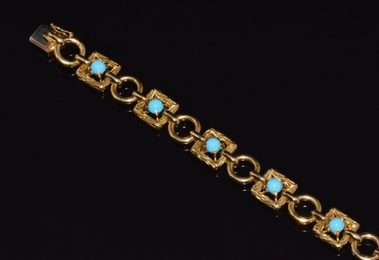 Vintage Mid-Century Solid 18K Gold & Natural Persian Turquoise Bracelet