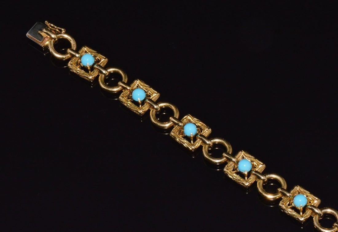 Vintage Mid-Century Solid 18K Gold & Natural Persian Turquoise Bracelet