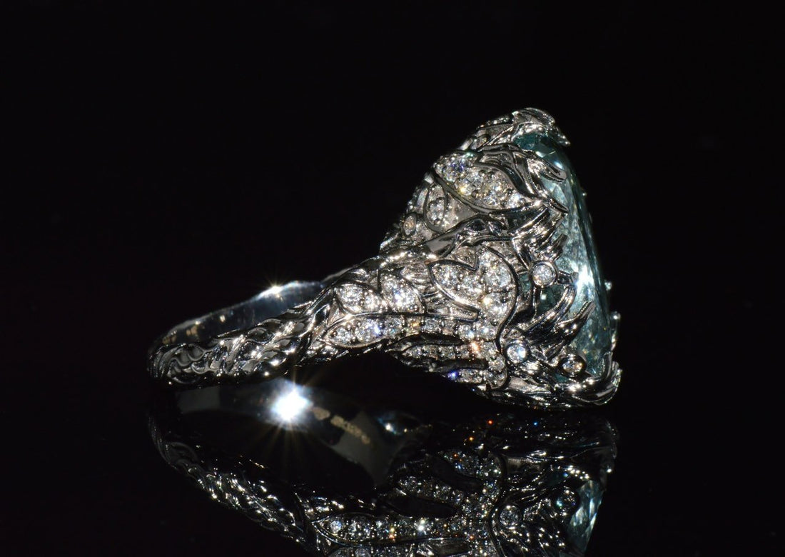 GIA Certified 16.03CT Aquamarine & Diamond 18K Gold Maple Leaf Sculptural Ring