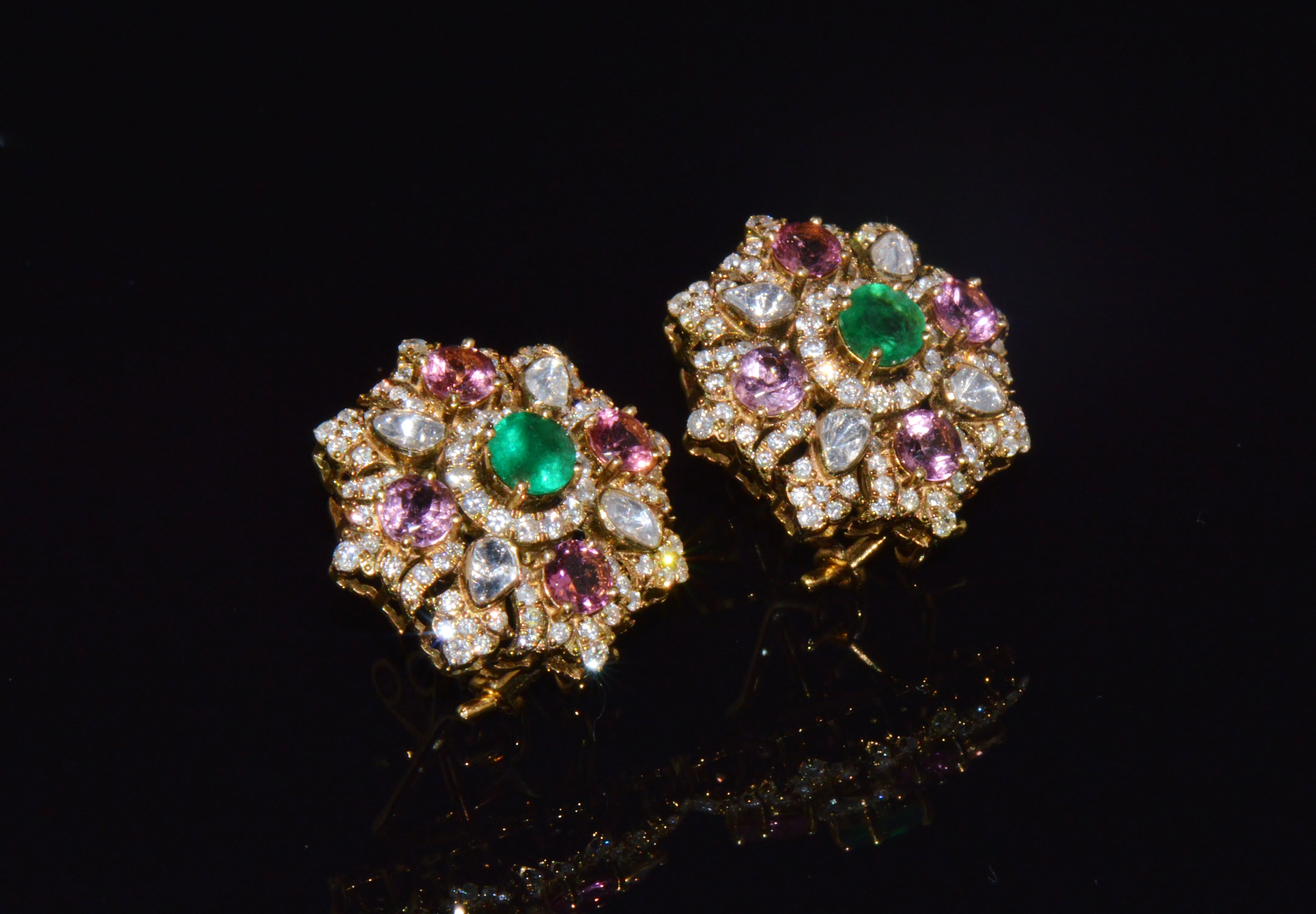 Natural 4.89CTS Diamond, Emerald & Pink Tourmaline 18K Gold Floral Earrings